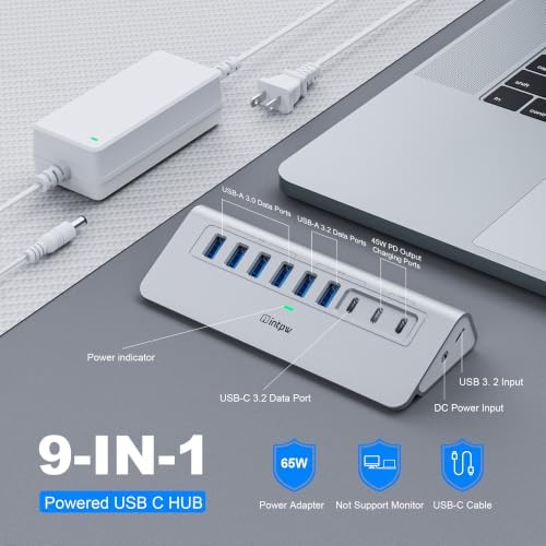 intpw Powered USB Hub 10Gbps, 9-Port USB 3.2/USB C Hub, 65W Power Adapter - Image 2