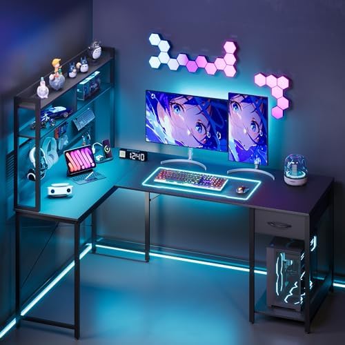 Apicizon L Shaped Gaming Desk 53" with Hutch, LED Light and Drawer - Image 2