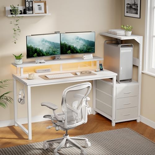 52" Reversible Gaming Desk with LED Lights Power Outlets, White by HAPPYMONTLLC