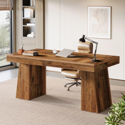 Tribesigns 55-Inch Executive Desk, Thick Wood Office Computer Desk with Double Pedestal, Modern Minimalist Workstations Writing Table Conference Table Furniture for Home Office, Walnut Finish by Tribesigns