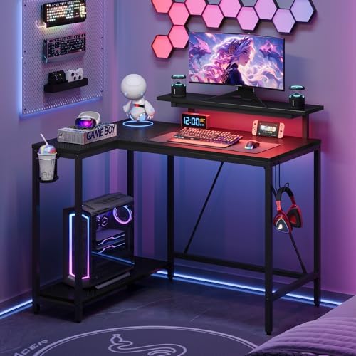 Pinmoco 42" Reversible L-Shaped Desk, Gaming Desk with LED Lights, Monitor Stand, Cup Holder and Headset Hook, Corner Work Station for Home Office, Study and Small Spaces, Carbon Fiber Black - Image 3
