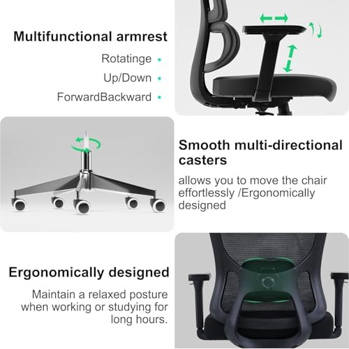 Monhey Black Office Chair, Ergonomic Office Chair, Home Office Desk Chair for Big and Tall People, Computer Chair with Adjustable Headrest, Lumbar Support, Flip-Up Arms, PU Wheels (03black) - Image 4
