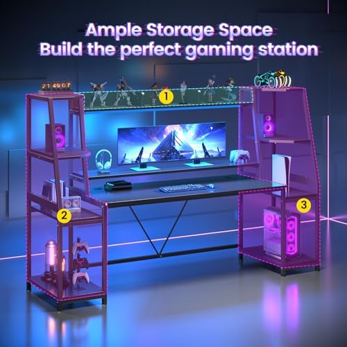 SEDETA 79'' Gaming Desk with LED Lights, Hutch and Storage Shelves, Black - Image 5