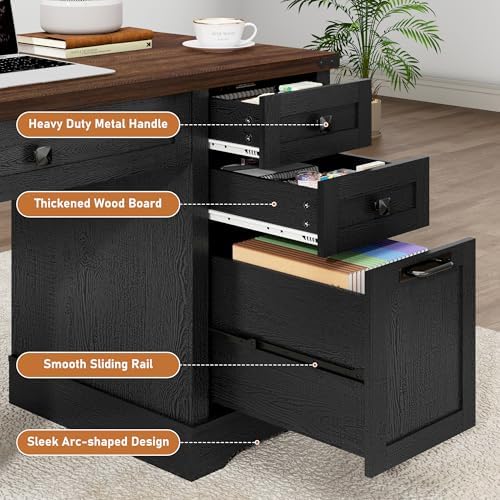 Squireewo 58'' Farmhouse Home Office Desk with Drawers, Wooden Executive Desk with Charging Station, File Drawers and Storage Cabinet, Computer Desk for Work, Study and Writing, Black - Image 3