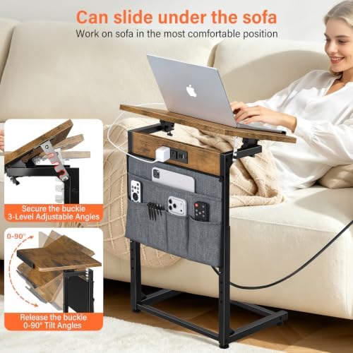Small C Shaped End Table with Charging Station, Adjustable Height Sofa Side Table with Tilting Desktop, TV Tray Night stand with Storage Bag, Narrow Couch Table USB Ports Outlets Living Room Bedroom - Image 3