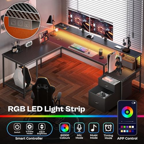 PRAISUN 66" L Shaped Gaming Desk with LED Lights & Power Outlets - Image 3