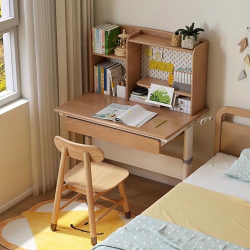 YESWOOD 21-30'' Height Adjustable Study Desk with Hutch, Beech Manual Crank Sit Stand Up Desk, 39'' Ergonomic Adjustable Small Low Desk with Pegboard & Shelf Hutch for Reading Writing Creative Moments by YESWOOD