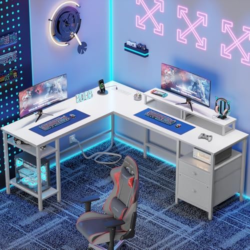 Furologee White 59” L Shaped Desk with Power Outlet, Reversible Computer Desk with File Drawer & 2 Monitor Stands, Corner Home Office Table with Storage Shelves for Gaming Writing - Image 2