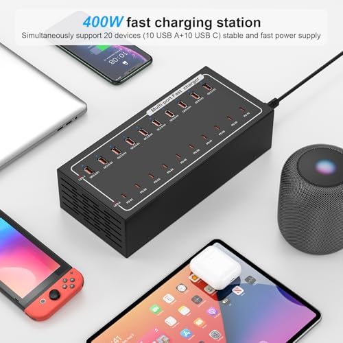 20-Port Fast Charging Station 400W, USB C and USB A Charger Dock with Smart Power Distribution Technology，for Multiple Devices, PD/QC Fast Charging Support - Image 4