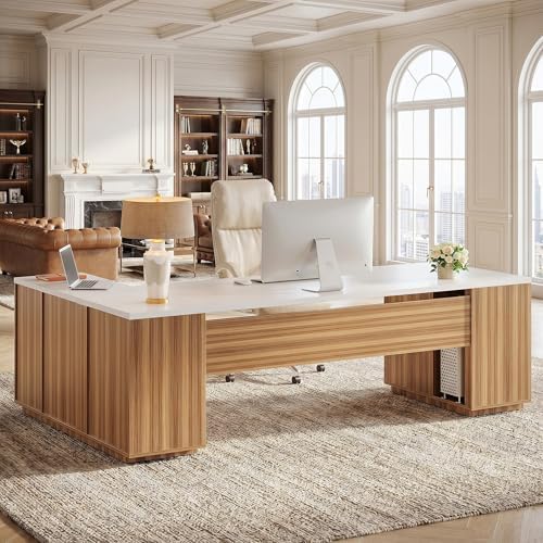 Tribesigns 85.8-Inch L-Shaped Executive Desk, White & Brown by Tribesigns