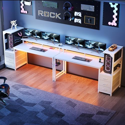 59" Reversible Gaming Desk with LED Lights Power Outlets, White - Image 3