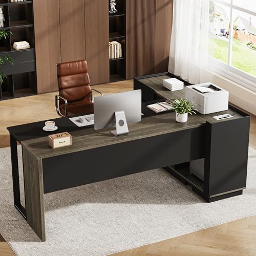 70" Executive Desk with Cabinet Storage, L-Shaped Office Desk with 3 Drawers and Shelves, Large Computer Desk Business Furniture for Home Office (Gray & Black) by vividwood