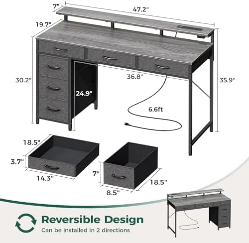 Huuger Gaming Desk with 6 Drawers, Computer Desk with LED Lights Power Outlets and Type-C, 47 Inch Office Desk with Storage, Monitor Stand, Writing Work Desk Home Office, Bedroom, Study, Grey - Image 3
