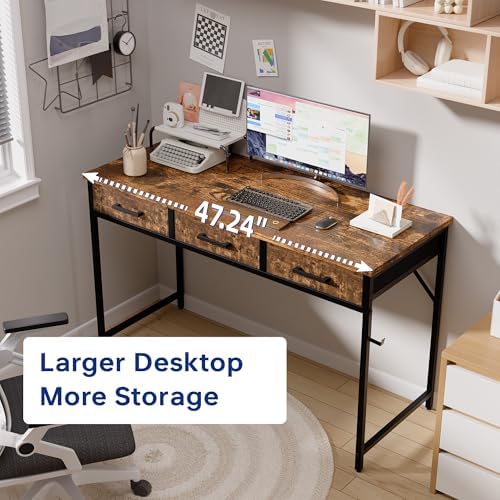 Pamray 47 Inch Small Computer Desk with 3 Drawers for Bedroom Study Writing Home Office Table for Small Spaces Vintage - Image 4