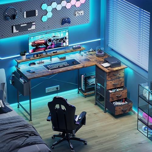 VERMESS 63" Reversible L Shaped Gaming Computer Desk, Corner Desk with Power Outlets & Monitor Stand, Writing Study Table with 4 Storage Drawers, Desk with LED Lights, Rustic Brown - Image 2