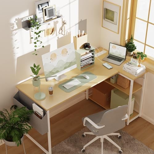 TIQLAB Small Computer Desk with Power Outlets, 40 Inch L Shaped Desk with Reversible Shelves, Gaming Desk Corner Desk Study Writing Table for Home Office Bedroom Living Room, Beige - Image 2