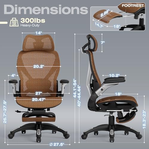 ELABEST X100 Ergonomic Mesh Office Chair with Footrest, Big and Tall Home Desk Chair with 5D Flip-Up Arms, Adjustable 3D Lumbar Support, Gaming & Executive Computer Chair (Tangerine Burst) - Image 2