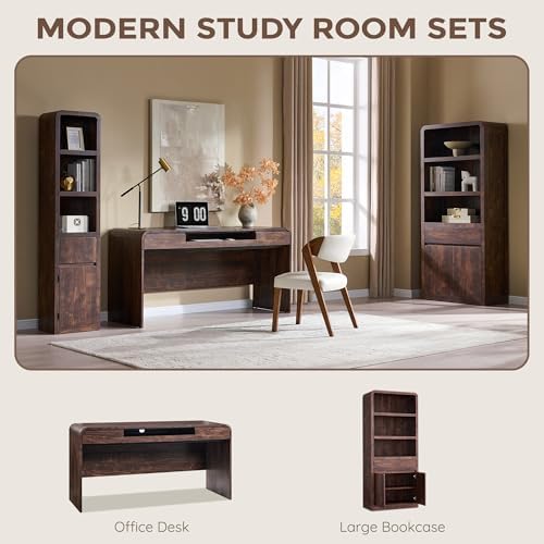 63" Modern Computer Desk with 2 Drawers, Wood Curved (Brown) - Image 6