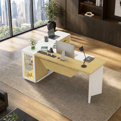74.4" L-Shaped Executive Desk, Large Office Desk, White + Light Wood - Image 5