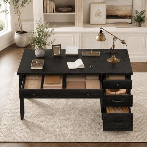 53.54" Executive Desk with Drawers, Farmhouse Home Office Desk with Charging Station & File Cabinet, 4 Storage Drawers Wooden Computer Desk with Power Outlet for Work Study Writing, Black by SLEKVERSA