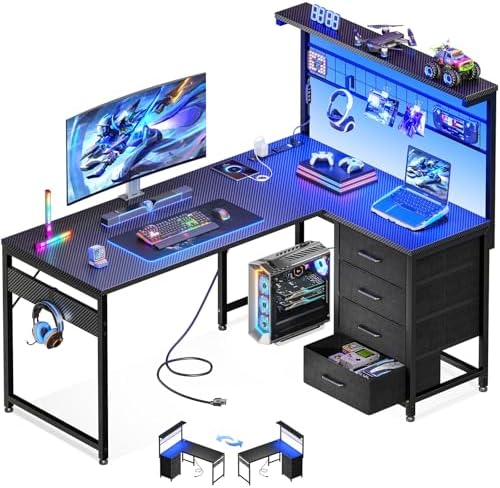 MOTPK 43" L Shaped Gaming Desk with Shelf & 4 Drawers, Black Carbon Fiber by MOTPK
