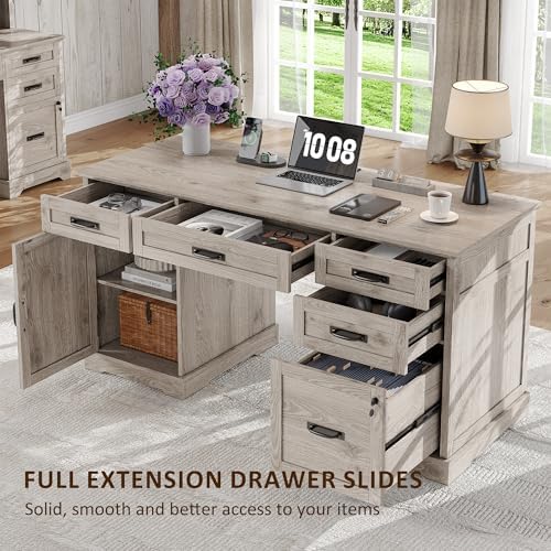 Whalefall 55'' Farmhouse Desk Home Office with Drawers, Light Gray - Image 5