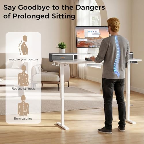 Electric Standing Desk with Drawers, 55 Inch Height Adjustable Desk with Power Outlets & LED Lights, Sit Stand Table with Monitor Stand for Home, Office, White - Image 4