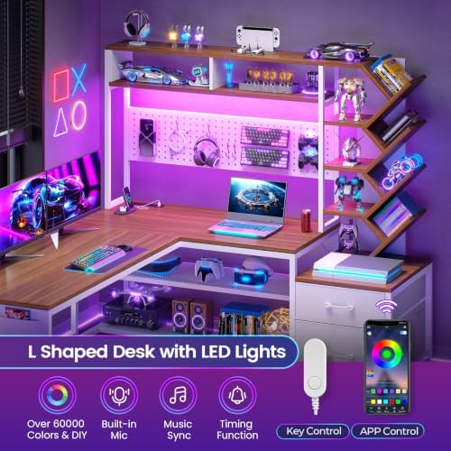 SEDETA L Shaped Office Desk with Drawers and Hutch, Convertible 97.6" Two Person Computer Desk, Corner Gaming Desk with Storage Shelves, LED Light and Power Outlet, White and Brown - Image 7