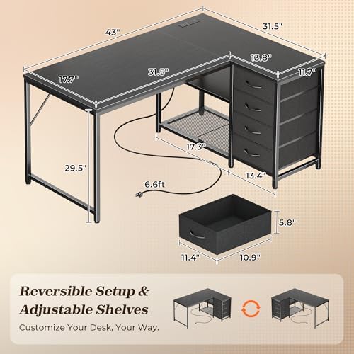 PRAISUN 43.3" Small L Shaped Desk with Power Outlets & 4 Drawers - Image 2