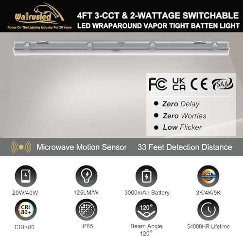 4FT LED Vapor Tight Emergency Light, Battery Backup, IP65 IK08, 20W(2500lm)/40W(5000lm), 3/4/5000K CCT Selectable, Outdoor Waterproof Shop Light, Vapor Proof Lighting Fixture for Carport, FCC 2-Pack - Image 2