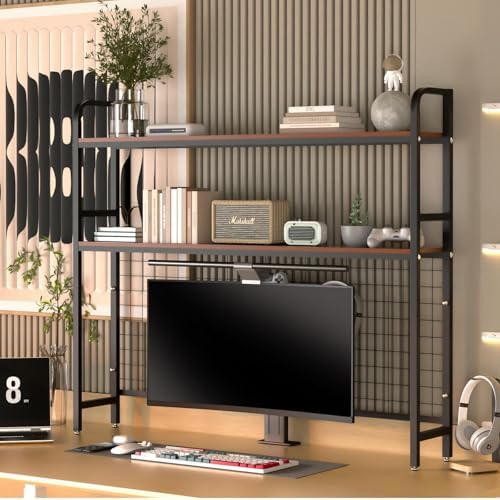 FAHKNS Desktop Bookshelf - 2-Tier Desk Book Organizer，Multifunctional Metal Desktop Bookshelf with 3 Hooks & DIY Storage Mesh for Office/Game Room/Study/Powder Room - Black by FAHKNS