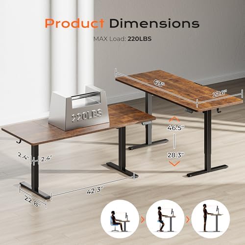 Huuger 63 x 28 Large Electric Standing Desk, Height Adjustable Computer Desk, 27.6" Deep Desktop, Stand up Gaming Office Table with 2 Hooks, 3 Preset Heights, for Home Office, Rustic Brown, 7021Z-1 - Image 2