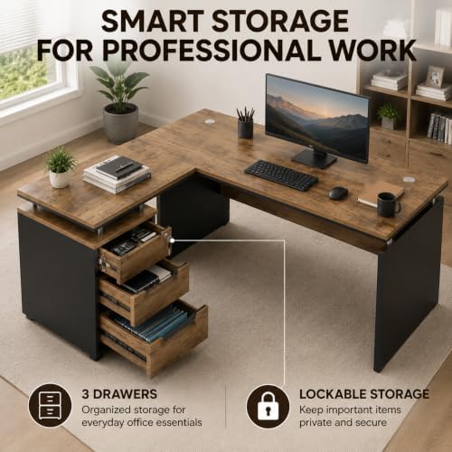 63 Inch L-Shaped Executive Desk Set of 4, Industrial Modern Wood Office Desk with 3 Drawers, Built-in Cable Management & Power Outlet, Real Wood Finish, Reversible Left/Right Return Home Workstation - Image 3