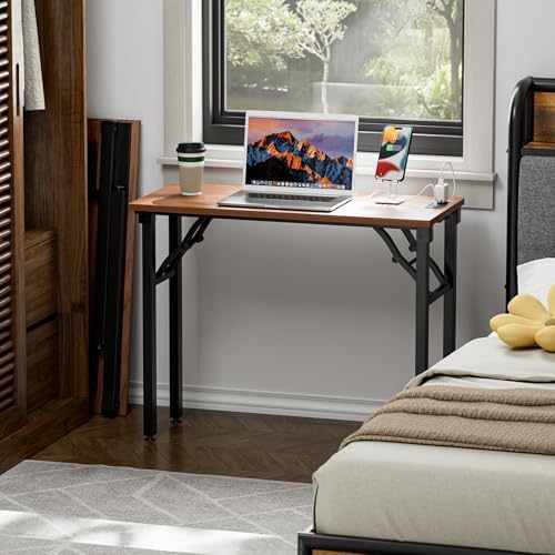 TEMI Small Computer Desk Folding Table - No Assembly, Compact 35.8" Foldable Desk with Power Outlets & USB Charging Port, Portable Small Office Desk, Ideal Mini Study Table for Narrow Spaces, Walunt - Image 2
