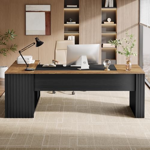 Tribesigns 78" L Shaped Executive Desk with Drawers, Large Office Computer Desk with Cabinet and Storage Shelves, Modern Business Furniture Sets Workstation for Home Office (Brown&Black) - Image 4