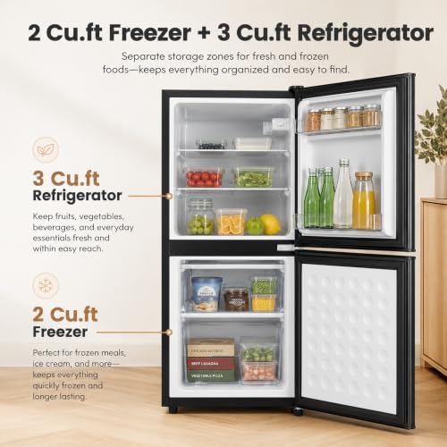 5 Cu.Ft Mini Fridge with Freezer, 2-Door Compact Refrigerator for Dorm/Office/Bedroom, Energy Efficient & Quiet, Black - Image 4