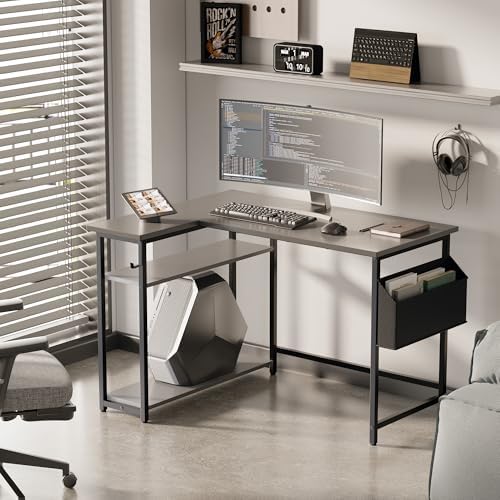 Pamray 40 Inch L Shaped Computer Desk with Reversible Side Storage Shelves, Small Corner Desk for Small Space Home Office, Writing Study Table PC Desk for Bedroom, Grey - Image 2