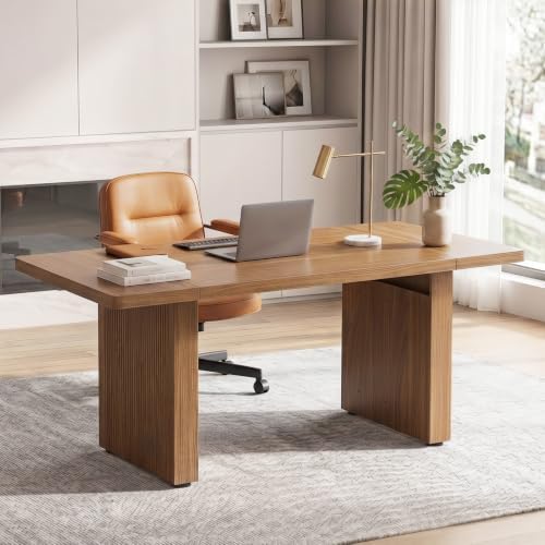 Bestier 63 Inch Wood Executive Desk, Fluted Office Desk Writing Table Brown by Bestier
