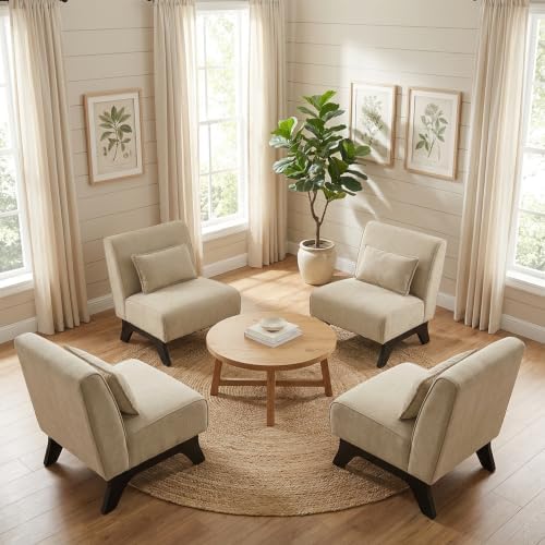 Upholstered Armless Accent Chair Set of 4,Modern Comfy Living Room Chairs with Wooden Legs& Pillows,Lounge Sofa Side Chair for Bedroom Farmhouse Reading (4 PCS, Brown) by womina