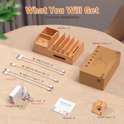 Bamboo Charging Station for Multiple Devices with USB Charger, 5 Cables - Image 3