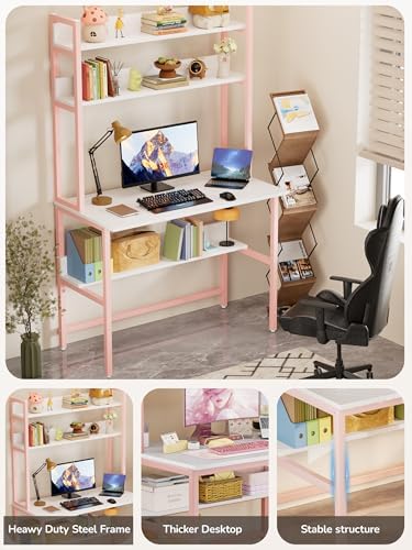 Aquzee 40 Inch Pink Desk with Shelves, Computer Desk with Hutch - Image 4