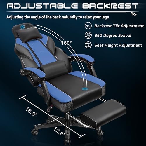 Video Game Chair for Adults, Gaming Chair with Footrest, Big and Tall Computer Chair with Massage Lumbar Support 330lbs Weight Capacity, Adjustable Height, 360° Swivel Seat and Headrest (Blue) - Image 6