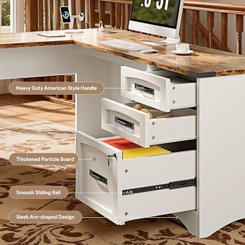 Decofy 67" Farmhouse L Shaped Standing Desk with Drawers Home Office Executive Desks with Fast Charging Station, Lockable File Cabinet, Wood Writing Computer Desk for Work, Study, White - Image 5