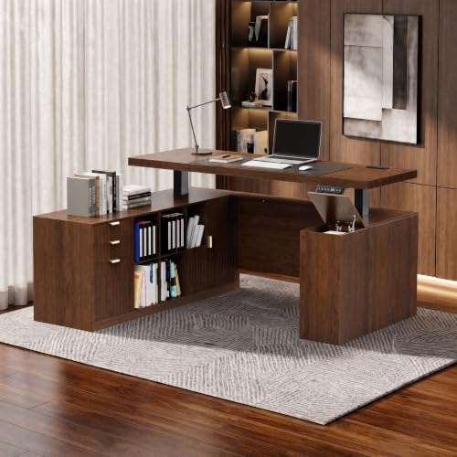 63x59 in L Shaped Executive Electric Standing Desk with Storage by Unknown