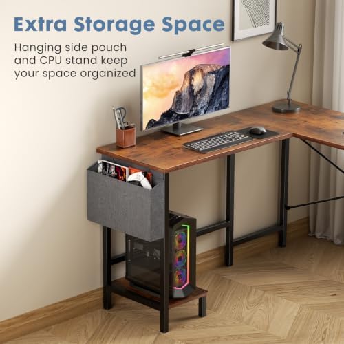 DUMOS L Shaped Computer Corner Desk with PC Stand, Brown - Image 4