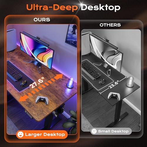 Huuger 55 x 28 Large Electric Standing Desk, Height Adjustable Computer Desk, 27.6" Deep Desktop, Stand up Gaming Office Desk with 2 Hooks, 3 Preset Heights, for Home Office, Rustic Brown - Image 4