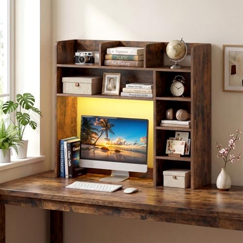 Desk Hutch with LED Lights, Wood Desktop Bookshelf for Up to 25" Monitor by BUYNOW