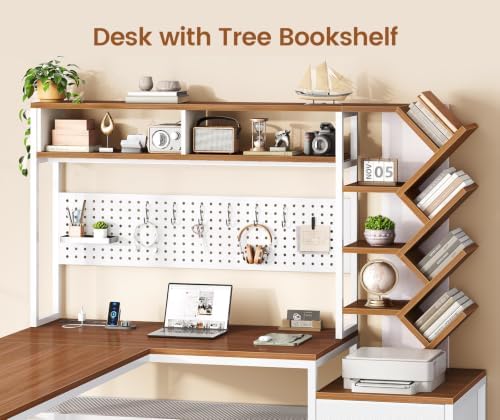 SEDETA L Shaped Office Desk with Drawers and Hutch, Convertible 97.6" Two Person Computer Desk, Corner Gaming Desk with Storage Shelves, LED Light and Power Outlet, White and Brown - Image 4