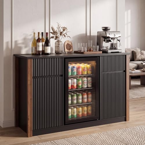 55.1" Coffee Bar Cabinet with Mini Fridge Space, Power Outlet, Black by LANDASSYHOME