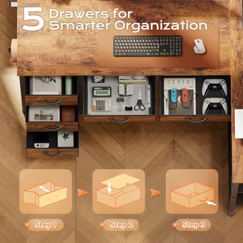 PRAISUN 47 Inch L Shaped Desk with Power Outlets, 5 Fabric Drawers - Image 5